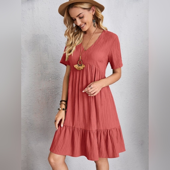 Full Size V-Neck Short Sleeve Coral Midi Dress - Picture 4 of 7